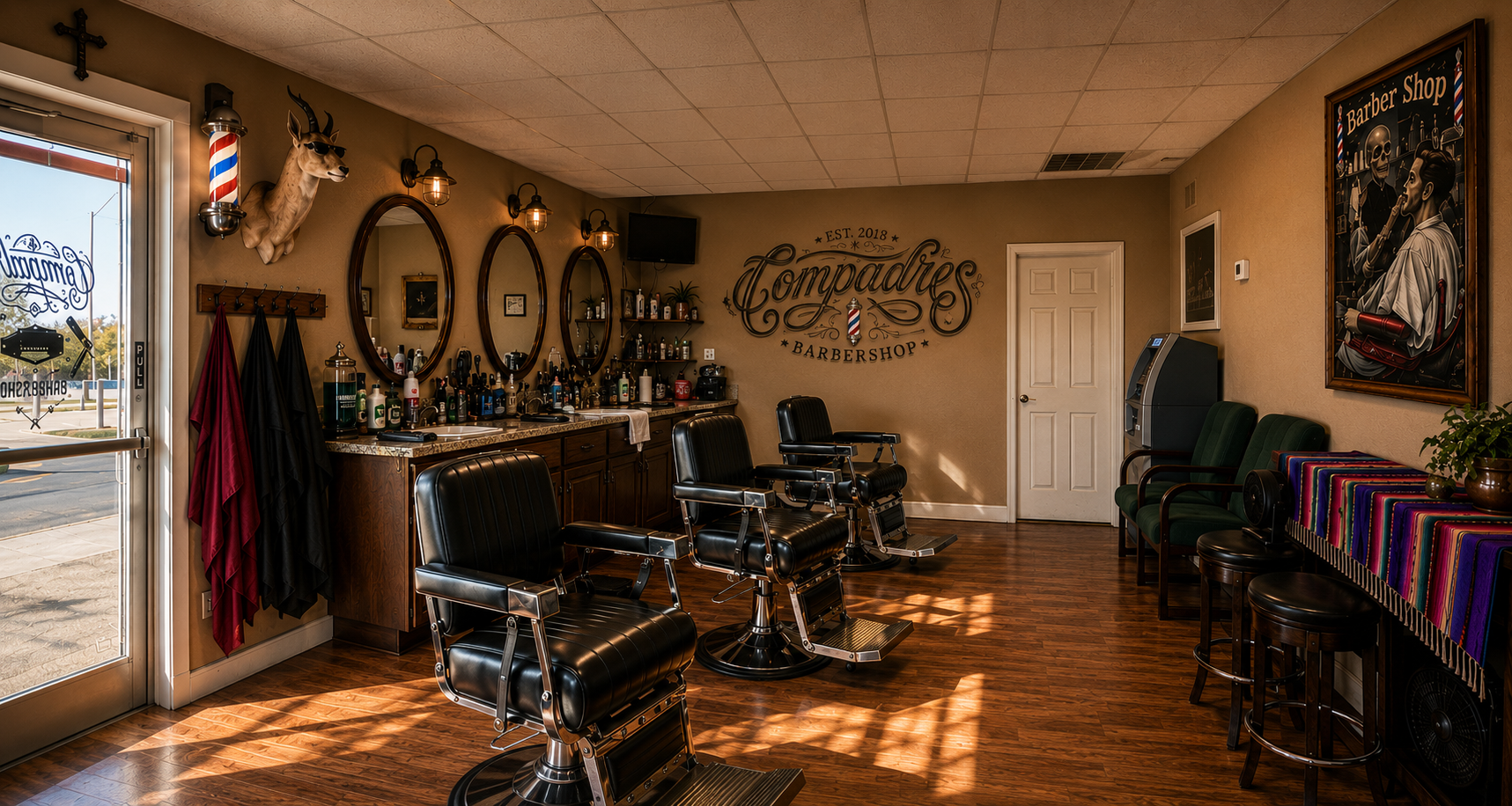 Inside Compadres Barbershop — chairs, mirrors, and the shop wall